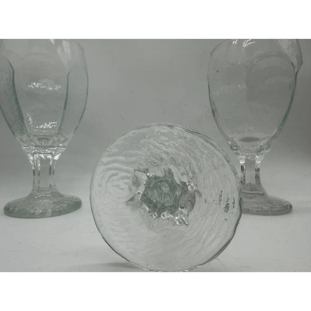 Vintage Clear Textured Glass Goblets Set of 3 Bark Base Paneled Water Wine 6.25